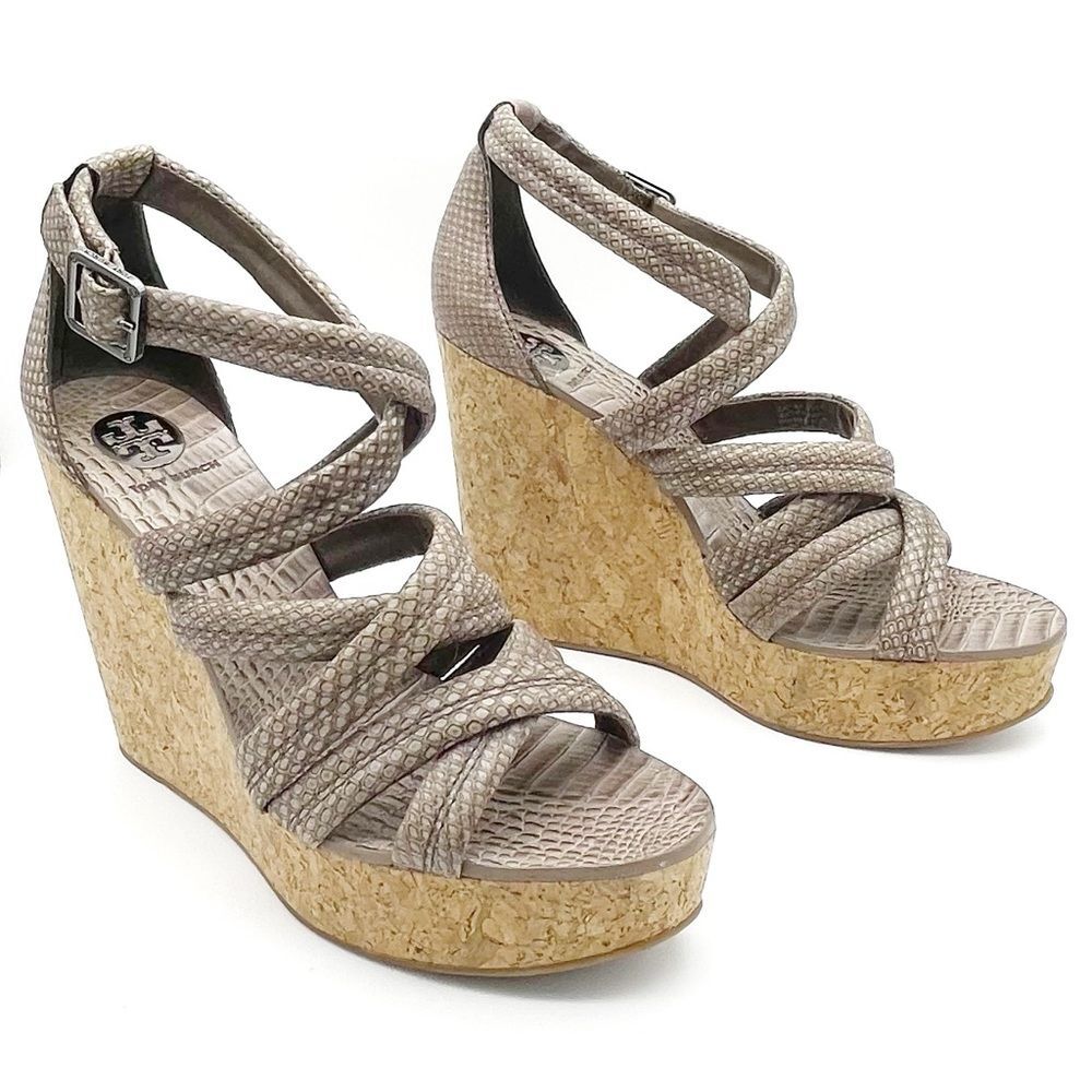 Tory Burch Taupe Reptile Embossed Leather Strappy Cork Wedge Sandals Size 10.5